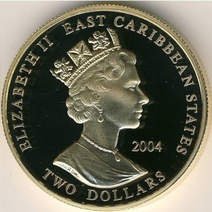 Аверс монеты Восточные Карибы, 2 доллара, 2004, Британские полководцы - Джон Черчилль, 1-й герцог Мальборо