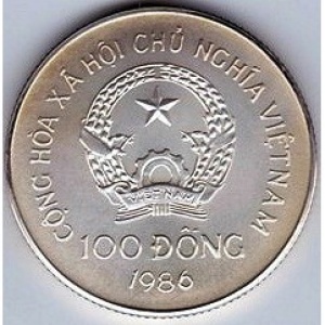 Аверс монеты Вьетнам, 100 донгов, 1986, 100 лет автомобилю