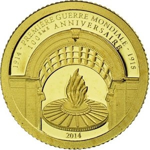 Реверс монеты Габон, 1000 франков, 2014, 100 лет началу Первой Мировой войны