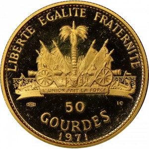 Аверс монеты Гаити, 50 гурдов, 1971, Памятник Героям Вертьер