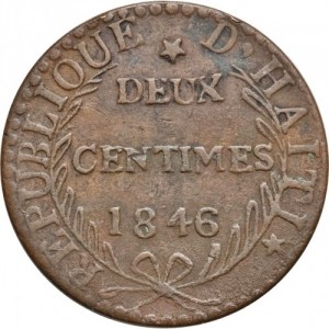 Аверс монеты Гаити, 2 сантима, 1846, "AN 43" без точки, листья направлены внутрь