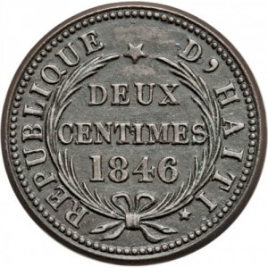 Аверс монеты Гаити, 2 сантима, 1846, "AN 43" с точкой, листья направлены внутрь и наружу