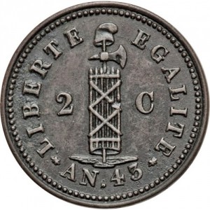 Реверс монеты Гаити, 2 сантима, 1846, "AN 43" с точкой, листья направлены внутрь и наружу