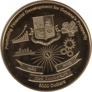 Реверс монеты Гайана, 5000 долларов, 2015, 50 лет Банку Гайаны