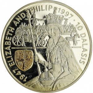 Реверс монеты Гамбия, 10 даласи, 1997, 50 лет свадьбе Королевы Елизаветы II и Принца Филиппа