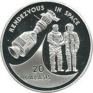 Реверс монеты Гамбия, 20 даласи, 1993, Свидание в космосе