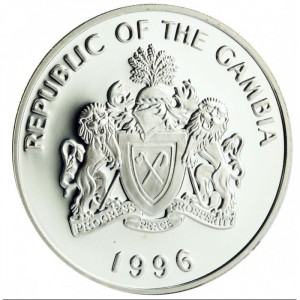 Аверс монеты Гамбия, 20 даласи, 1996, Викторианская эпоха - Первые паровозы