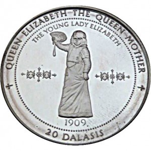 Реверс монеты Гамбия, 20 даласи, 1996, Королева Елизавета Королева-мать