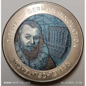 Реверс монеты Гана, 2 седи, 2021, Титаны немецких инноваций-Вильгельм Шикард