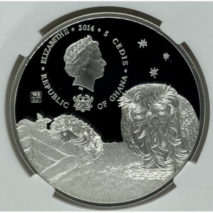 Реверс монеты Гана, 5 седи, 2014, Ёжик в тумане - Ёжик и Сова
