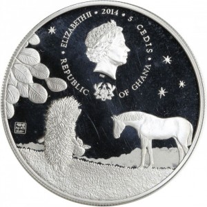 Аверс монеты Гана, 5 седи, 2014, Ёжик в тумане - Ёжик и Лошадь