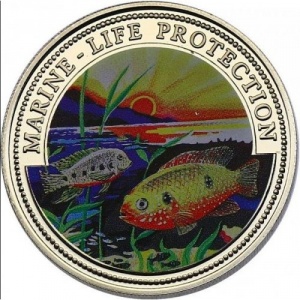 Реверс монеты Гана, 10 сика, 2000, Marine Life Protection /2 fishes and sun/