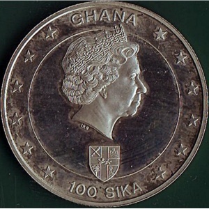 Аверс монеты Гана, 100 сика, 2003, 50 лет Коронации Елизаветы II