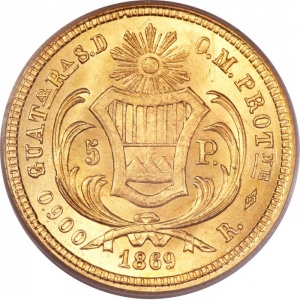 Реверс монеты Гватемала, 5 песо, 1869