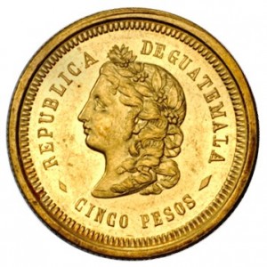 Аверс монеты Гватемала, 5 песо, 1872-1878