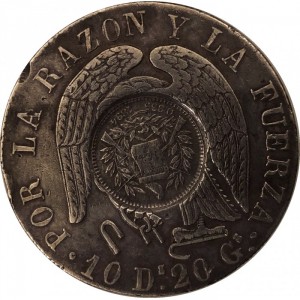 Аверс монеты Гватемала, 1 песо, 1894, Перечекан на монете Чили 8 реалов 1848