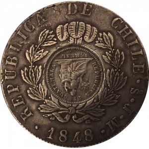 Реверс монеты Гватемала, 1 песо, 1894, Перечекан на монете Чили 8 реалов 1848