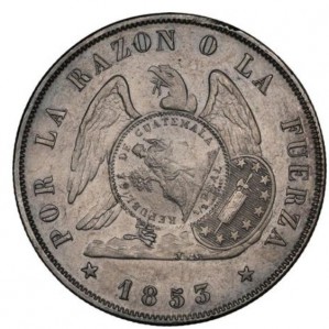 Аверс монеты Гватемала, 1 песо, 1894, Перечекан на монете Чили 1 песо 1853-1855