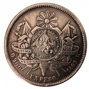 Реверс монеты Гватемала, 1 песо, 1894, Перечекан на монете Гватемалы 1 песо 1869