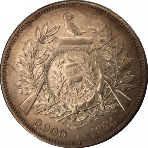 Аверс монеты Гватемала, 1 песо, 1894, Перечекан на монете Гватемалы 1 песо 1884