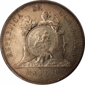 Реверс монеты Гватемала, 1 песо, 1894, Перечекан на монете Гватемалы 1 песо 1884