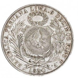 Аверс монеты Гватемала, 1 песо, 1894, Перечекан на монете Перу 1 соль 1864-1894