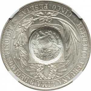 Аверс монеты Гватемала, 1 песо, 1894, Перечекан на монете Перу 5 песет 1880