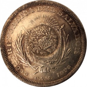 Аверс монеты Гватемала, 1 песо, 1894, Перечекан на монете Сальвадора 1 песо 1892-1892