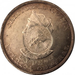 Реверс монеты Гватемала, 1 песо, 1894, Перечекан на монете Сальвадора 1 песо 1892-1892