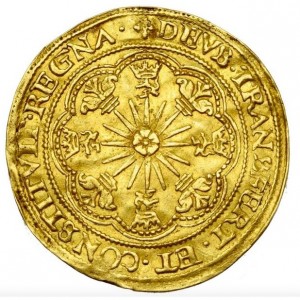 Реверс монеты Голландская республика, 1 розенобль, 1583, Солнце на реверсе