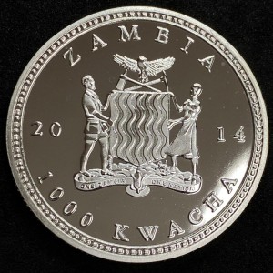 Аверс монеты Замбия, 1000 квач, 2014, Вымирающие виды животных - Горная горилла