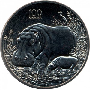 Реверс монеты Замбия, 100 квач, 1998, Африканская фауна - Гиппопотам