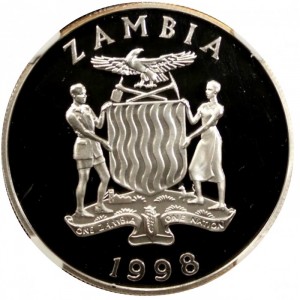Аверс монеты Замбия, 100 квач, 1998, Африканская фауна - Белый аист
