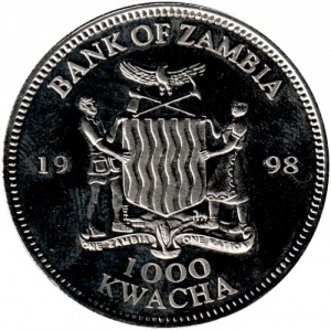 Аверс монеты Замбия, 1000 квач, 1998, В память о Принцессе Диане - Принцесса Диана держит молодую девочку