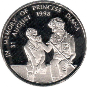 Реверс монеты Замбия, 1000 квач, 1998, В память о Принцессе Диане - Принцесса Диана сидит рядом с африканским мальчиком