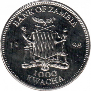 Аверс монеты Замбия, 1000 квач, 1998, В память о Принцессе Диане - Принцесса Диана между двух африканских детей