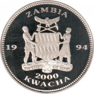 Аверс монеты Замбия, 2000 квач, 1994, Чемпионат мира по футболу 1994 /2 футболиста/