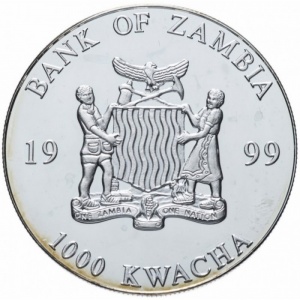Аверс монеты Замбия, 1000 квач, 1998-1999, Единая валюта Европы - 500 евро, лицевая сторона