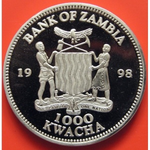 Аверс монеты Замбия, 1000 квач, 1998, Крушение «Титаника» /тонущий корабль, видны три трубы/