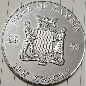 Аверс монеты Замбия, 1000 квач, 1998, Крушение «Титаника» /тонущий корабль, видны четыре трубы/