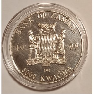 Аверс монеты Замбия, 5000 квач, 1999, Дикая природа Африки - Слон /Cлон и слоненок в воде/