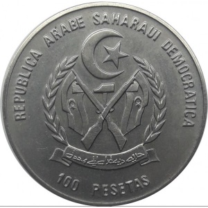 Аверс монеты Западная Сахара, 100 песет, 1990, Посадка на Антигуа /Медно-никелевый/