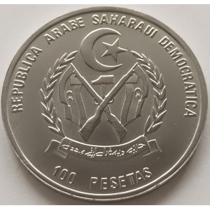 Аверс монеты Западная Сахара, 100 песет, 1993, Доисторические животные - Бронтозавр