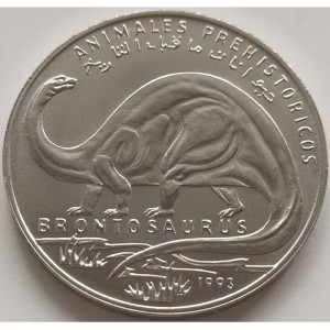 Реверс монеты Западная Сахара, 100 песет, 1993, Доисторические животные - Бронтозавр