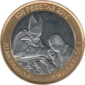 Реверс монеты Западная Сахара, 500 песет, 2010, Иоанн Павел II и Хуан Карлос I