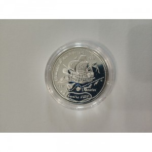 Реверс монеты Западная Сахара, 500 песет, 1992, Встреча двух миров (парусное судно)