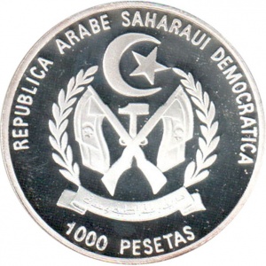 Аверс монеты Западная Сахара, 1000 песет, 1997, XVI чемпионат мира по футболу 1998, Франция
