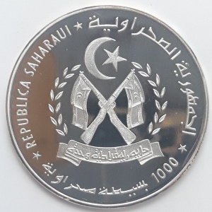 Аверс монеты Западная Сахара, 1000 песет, 1997, Старые парусные корабли - Российский военный корабль Ладья