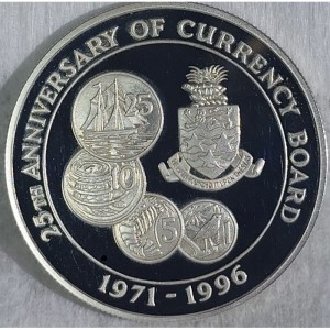 Реверс монеты Каймановы острова, 2 доллара, 1996, 25 лет Валютному совету