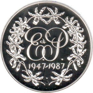 Реверс монеты Каймановы острова, 5 долларов, 1987, 40 лет свадьбе Королевы Елизаветы II и Принца Филиппа